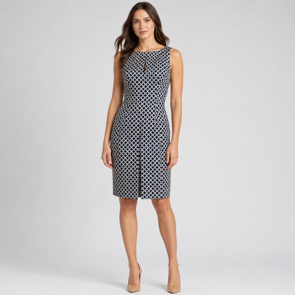 Lauren Ralph Lauren Sheath Dress 12 Navy Gold Geometric Pleated‎ Mod Wedding